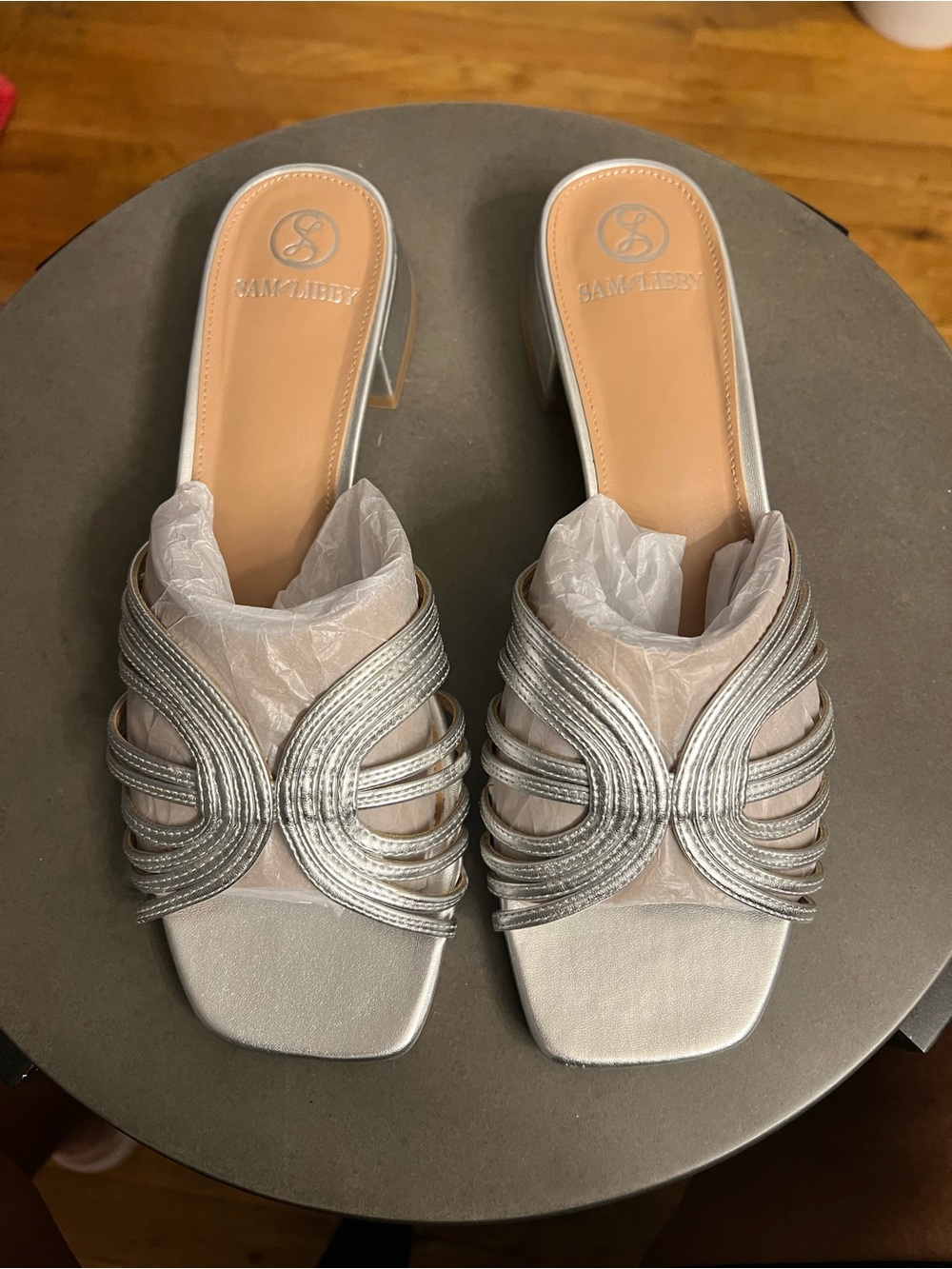 Sam & Libby Silver Metallic Strappy Mule Heels